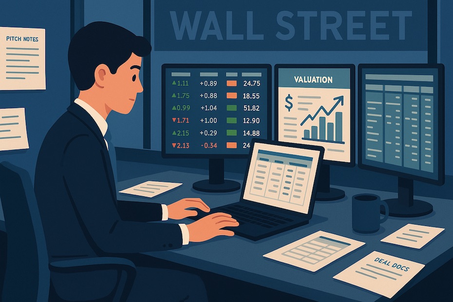 Young professional trader working on spreadsheets and tickers in a Wall Street office