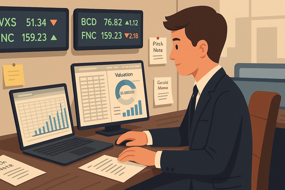 Young teenager in business attire reviewing financial spreadsheets and a valuation dashboard