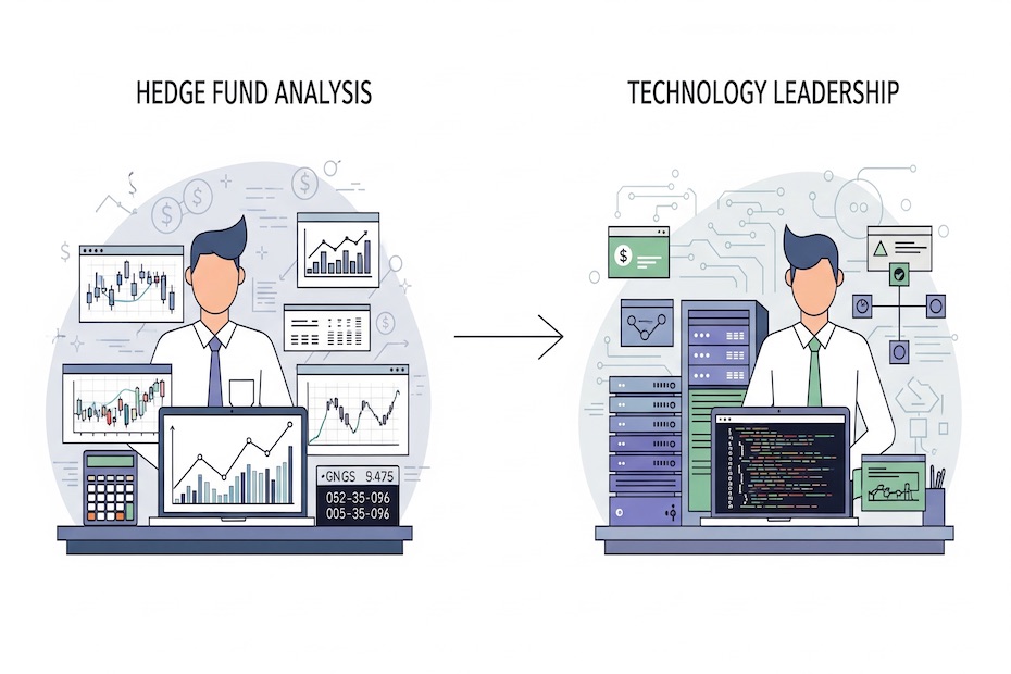 Illustration showing the career bridge between hedge funds and technology leadership.