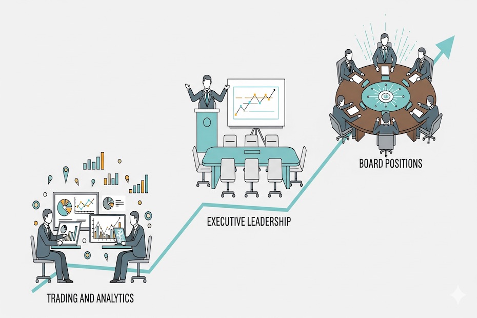 Professional career timeline illustration showing progression from financial markets to executive boardrooms.