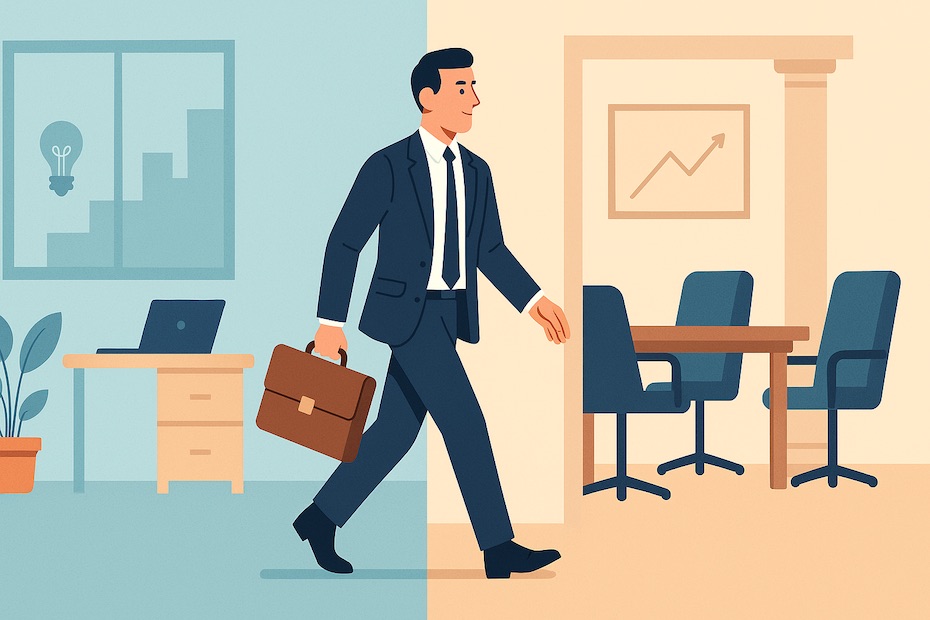 A business leader transitioning from a startup setting to a finance boardroom.