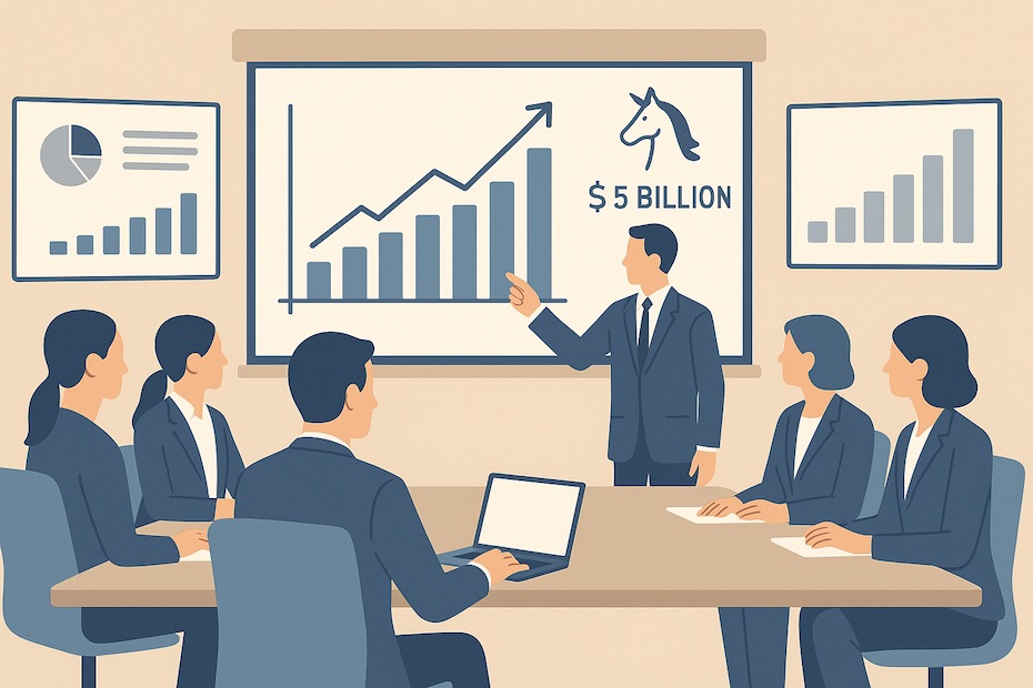 A professional boardroom meeting with executives reviewing financial growth charts representing a unicorn’s $5 billion valuation.