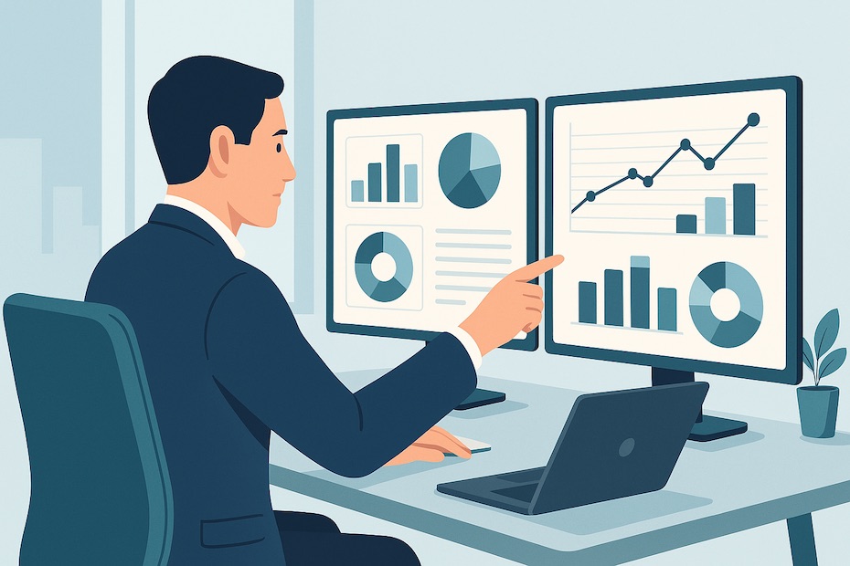 A professional product strategist analyzing data from two industries on digital dashboards in a modern office.