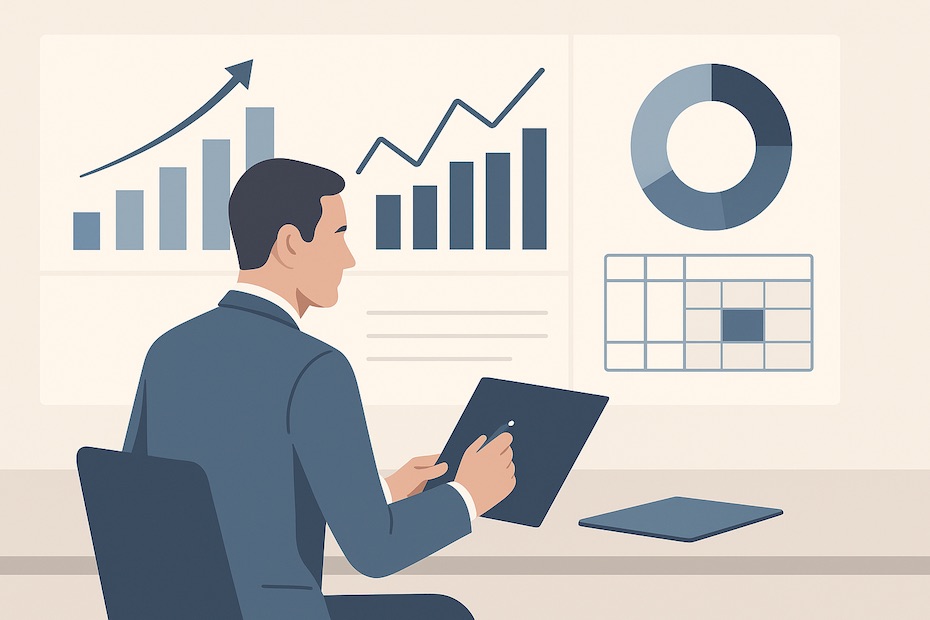 A professional investor reviewing financial charts and risk models during a capital strategy meeting.