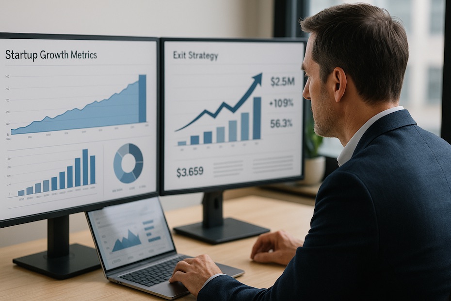 A professional entrepreneur reviewing startup growth metrics and exit strategies on digital dashboards.