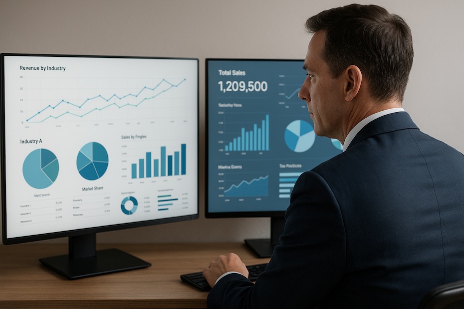 A professional executive reviewing performance dashboards representing leadership across two industries.