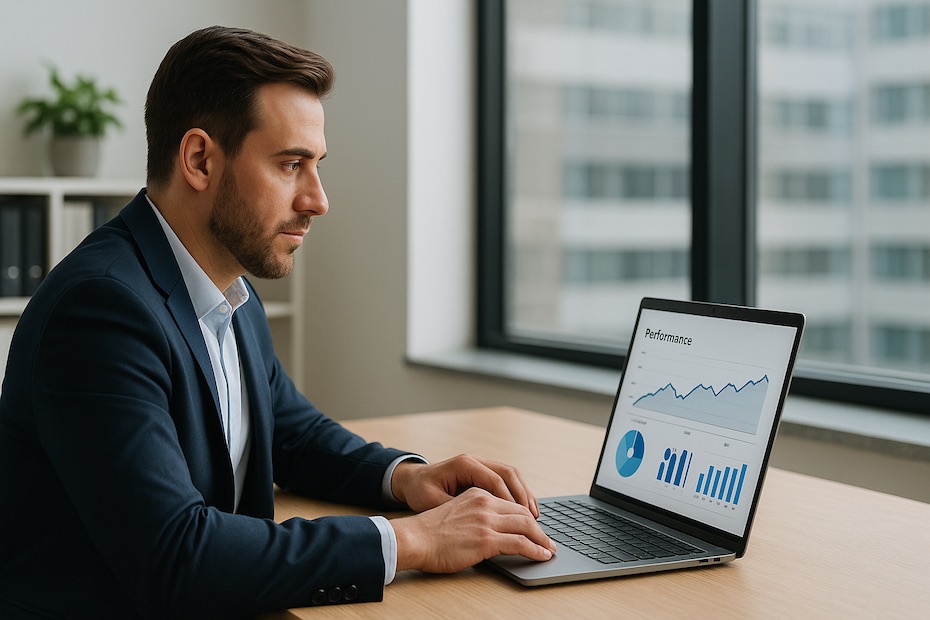A confident business leader reviewing early market performance data on a laptop in a modern office.