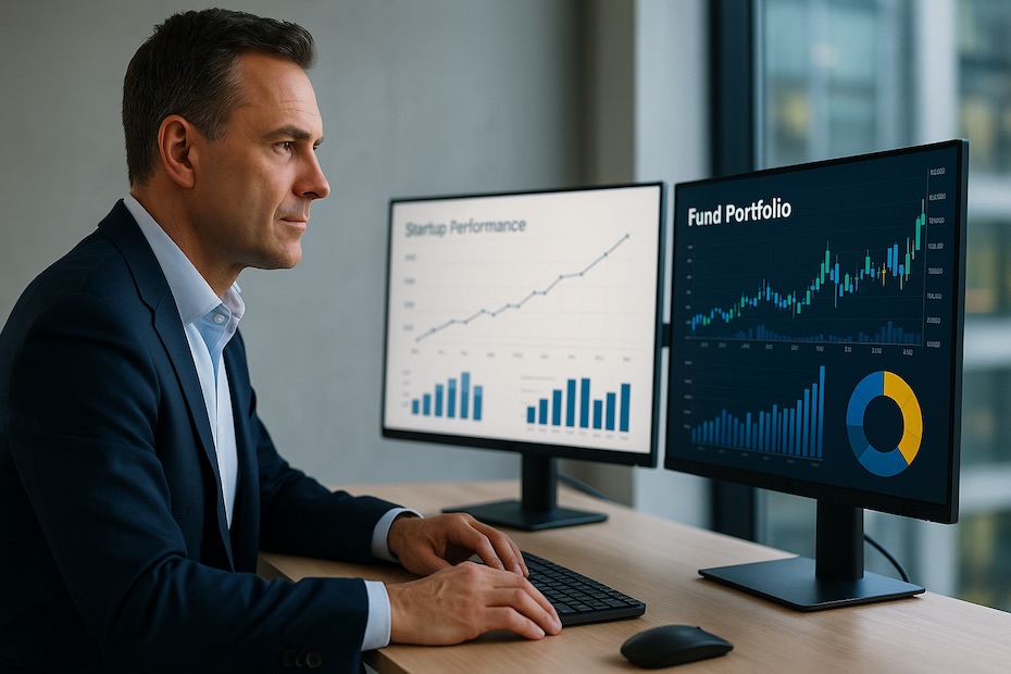 A confident executive reviewing startup performance and fund portfolio data on dual monitors in a modern office.
