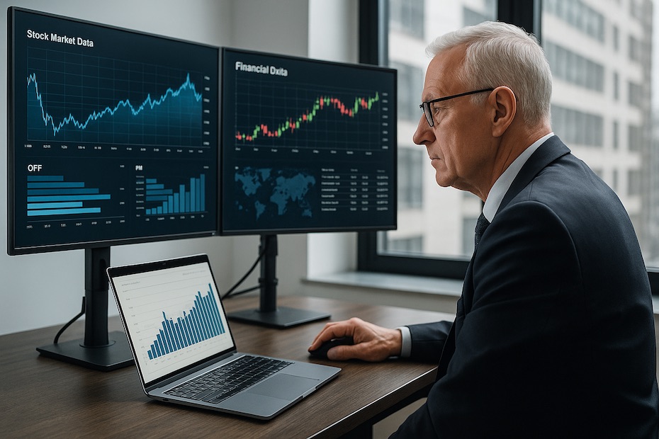 A senior financial executive analyzing historical and digital finance data on multiple screens in a modern office.