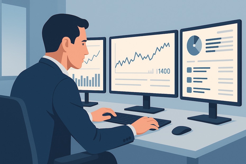 A focused startup leader monitoring real-time data on multiple screens.