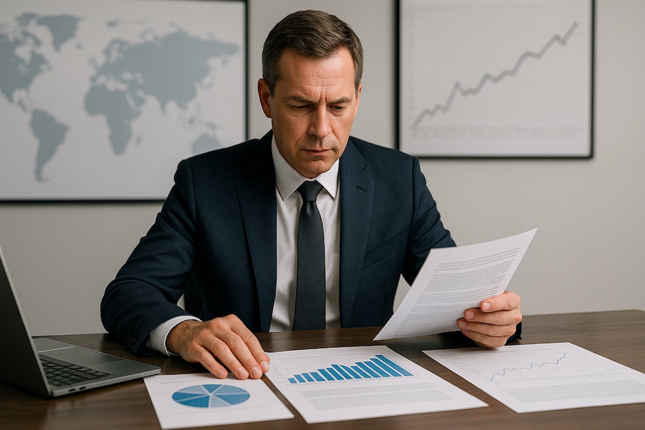 Executive reviewing career transition plans across finance and technology