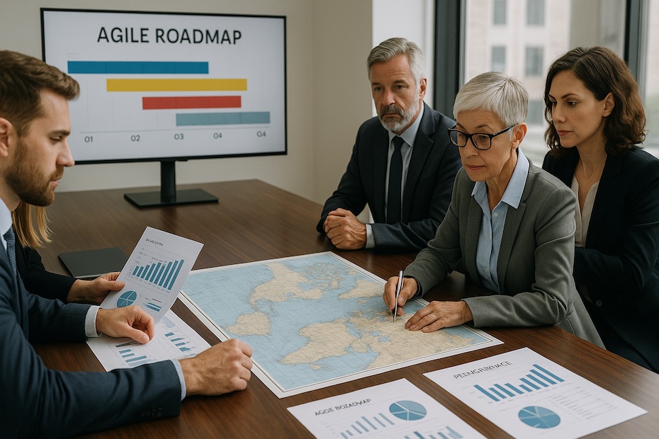 Executive team reviewing agile roadmap with navigation charts and performance metrics