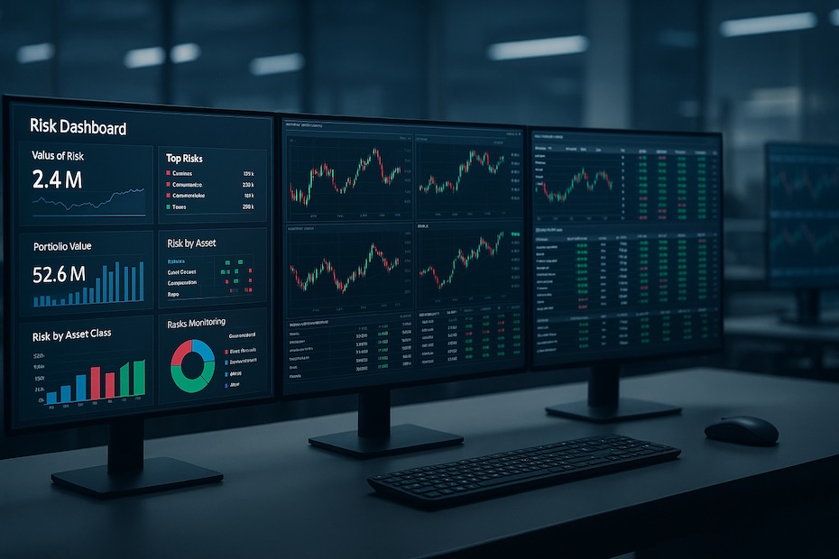 Modern trading desk risk dashboard showing exposure and monitoring screens