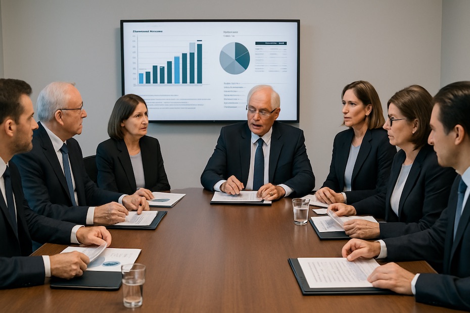 Professional advisory board meeting reviewing structured data and strategic materials