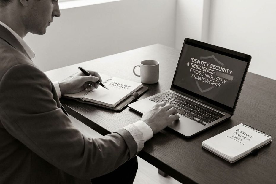 Leader reviewing a one-page values rubric and Leader README in a notebook while working on a laptop