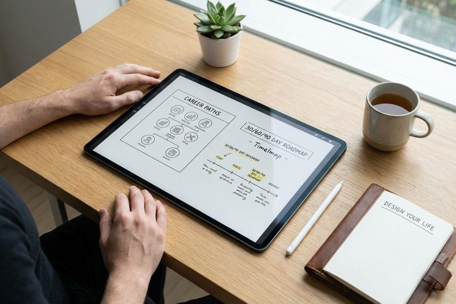 Person planning a career roadmap with career mapping tools on a laptop and notes