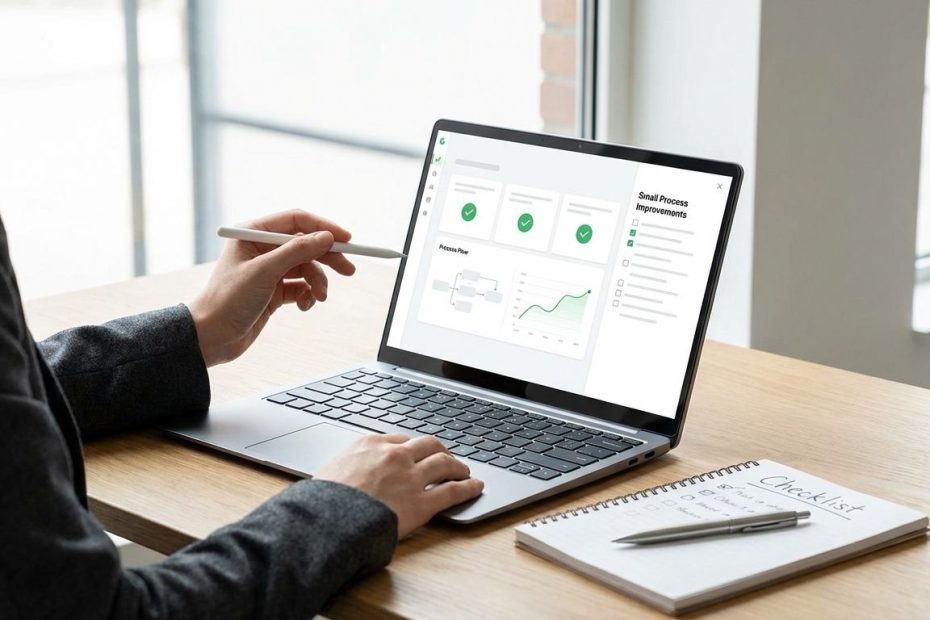 Employee improving a routine workflow with a checklist and laptop, tracking time saved and error reduction