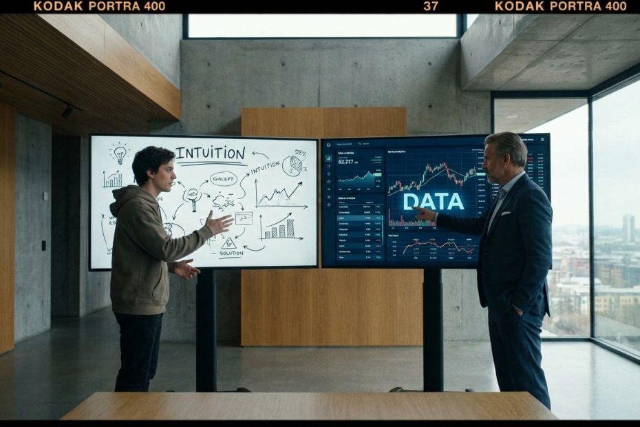 Investor and startup founder reviewing analytics dashboards and market charts together