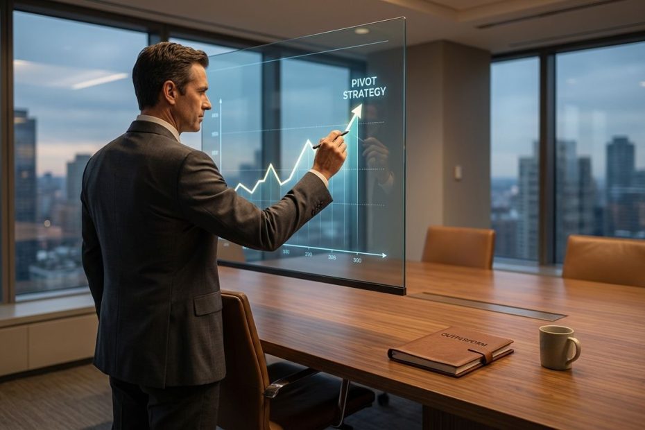 Executive reviewing market charts in a boardroom, illustrating decisive pivots from bond futures to business leadership