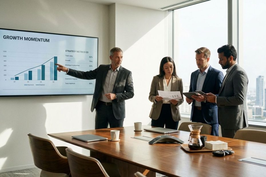 Business leader reviewing strategy charts with a team to understand momentum, execution speed, and growth performance