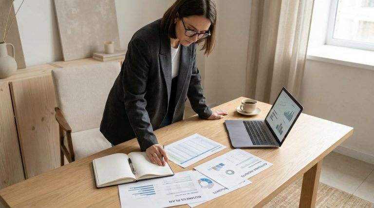 A focused entrepreneur reviewing business notes, financial plans, and customer research at a clean professional workspace.