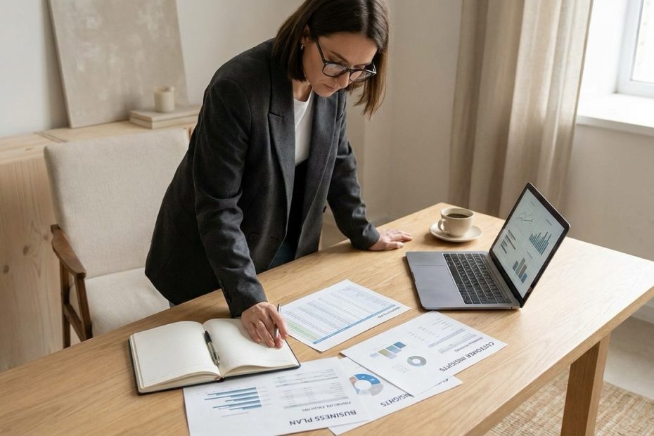 A focused entrepreneur reviewing business notes, financial plans, and customer research at a clean professional workspace.