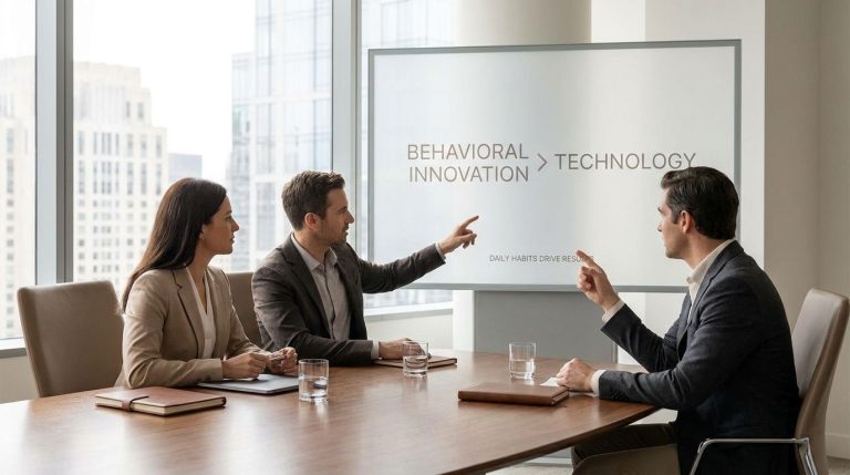 Business leaders in a meeting reviewing workflow habits and behavior change strategies to improve technology adoption
