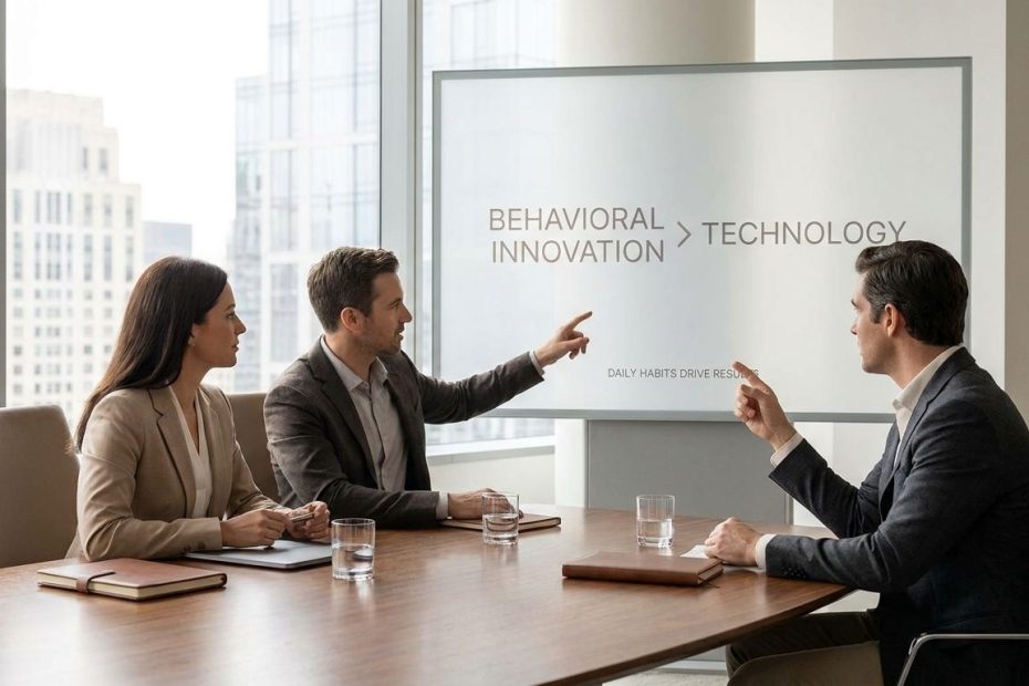 Business leaders in a meeting reviewing workflow habits and behavior change strategies to improve technology adoption