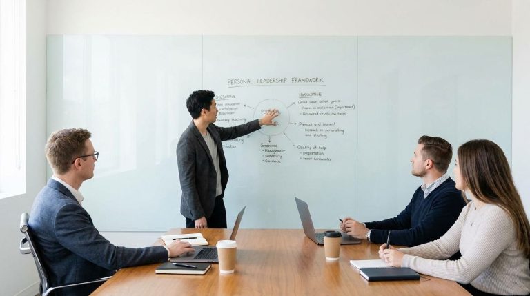 Leader writing a custom leadership framework on a glass board during a team strategy session