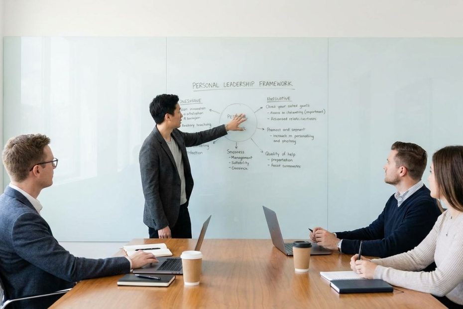 Leader writing a custom leadership framework on a glass board during a team strategy session