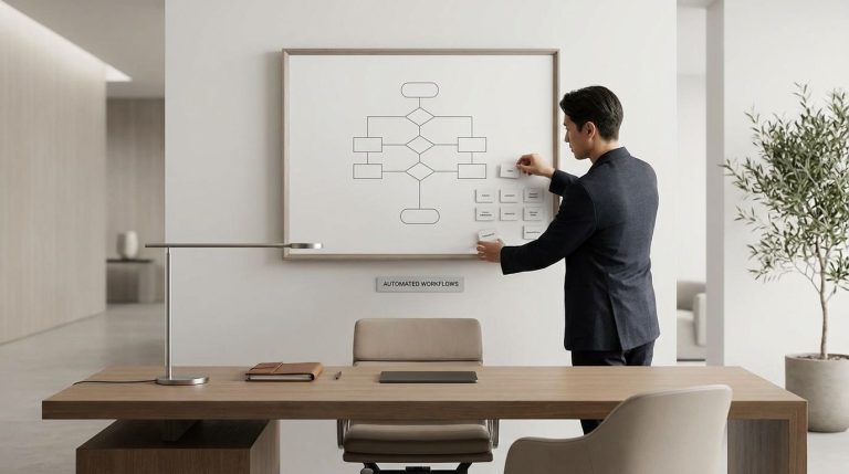 Business owner reviewing workflow charts at a desk to understand the difference between owning a business and owning another job