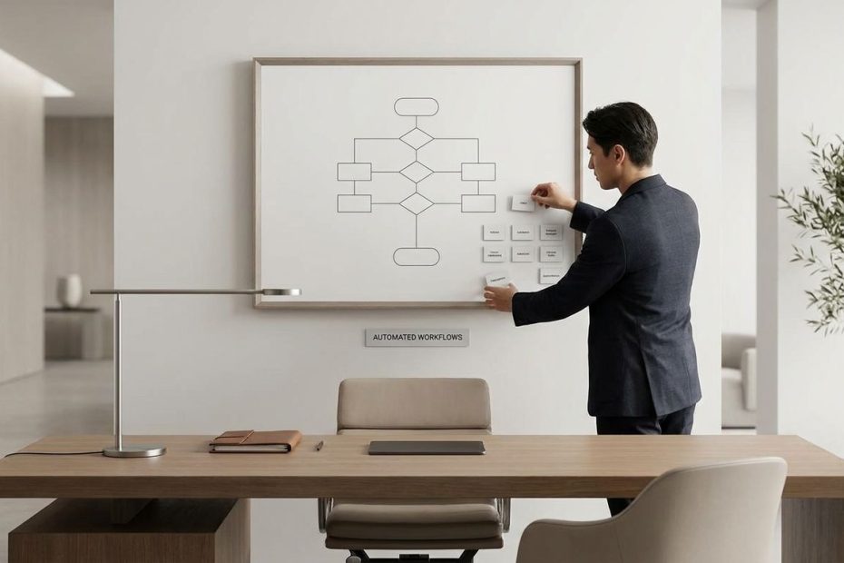 Business owner reviewing workflow charts at a desk to understand the difference between owning a business and owning another job