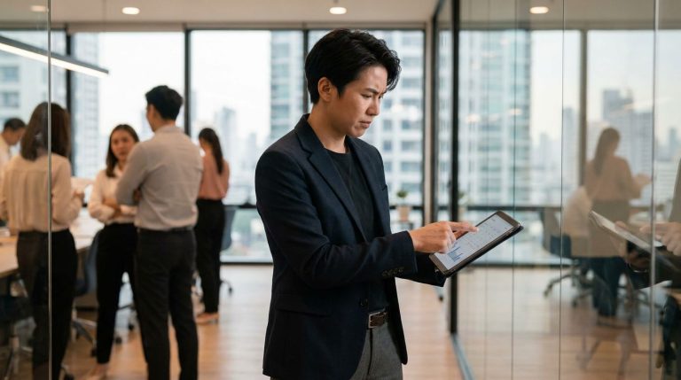 A focused professional making a quick decision in a high-pressure workplace.