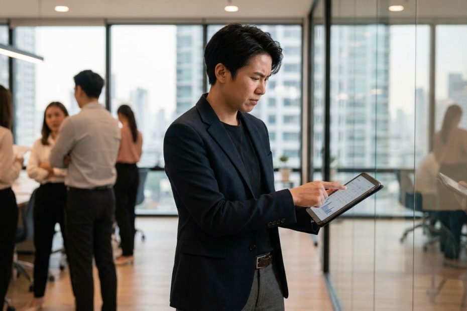 A focused professional making a quick decision in a high-pressure workplace.