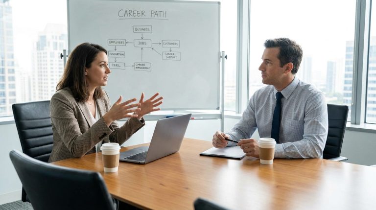 Professional candidate explaining a career story in an interview