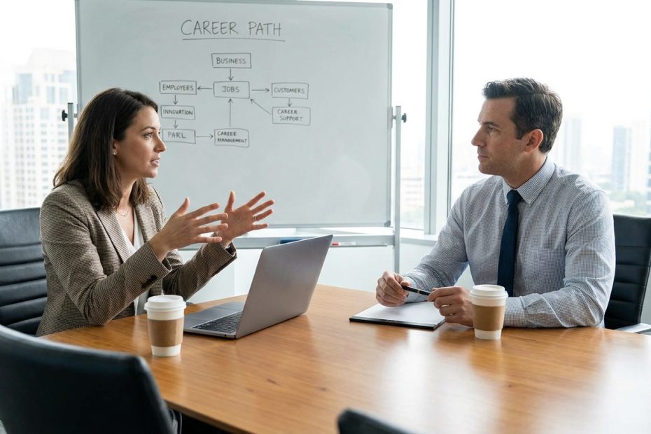 Professional candidate explaining a career story in an interview