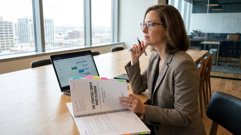 Professional standing in a modern office reviewing a career pivot plan and notes on a laptop