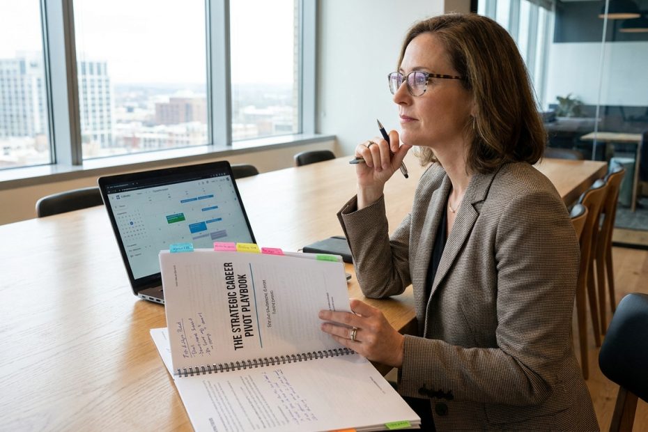 Professional standing in a modern office reviewing a career pivot plan and notes on a laptop